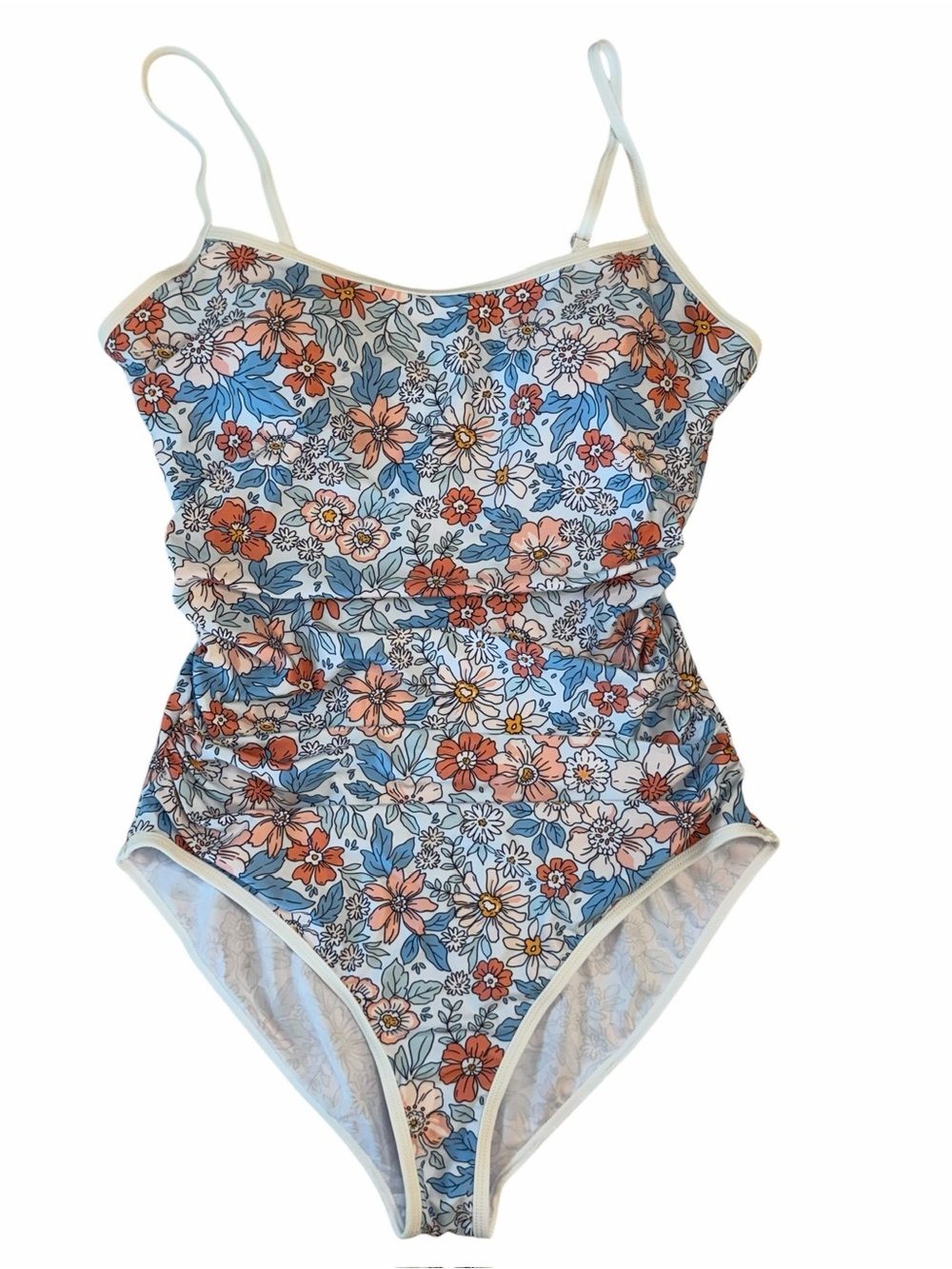 EoMENIE Floral Print One-Piece Swimsuit in Blue & Orange
